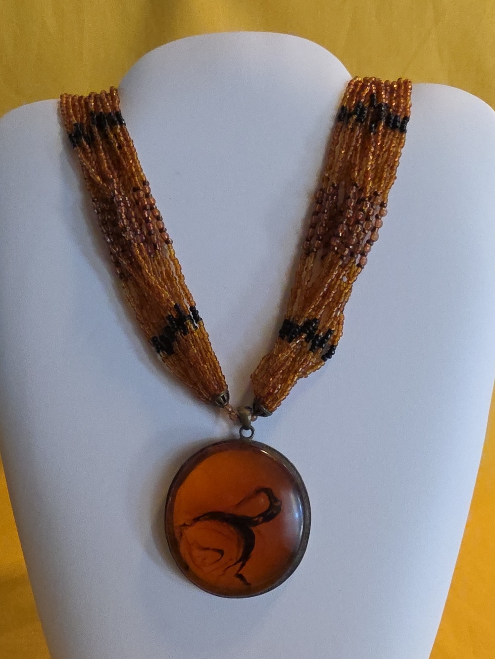 Vintage Amber Like Pendant & Beaded Statement Necklace - BEAUTIFUL PIECE!